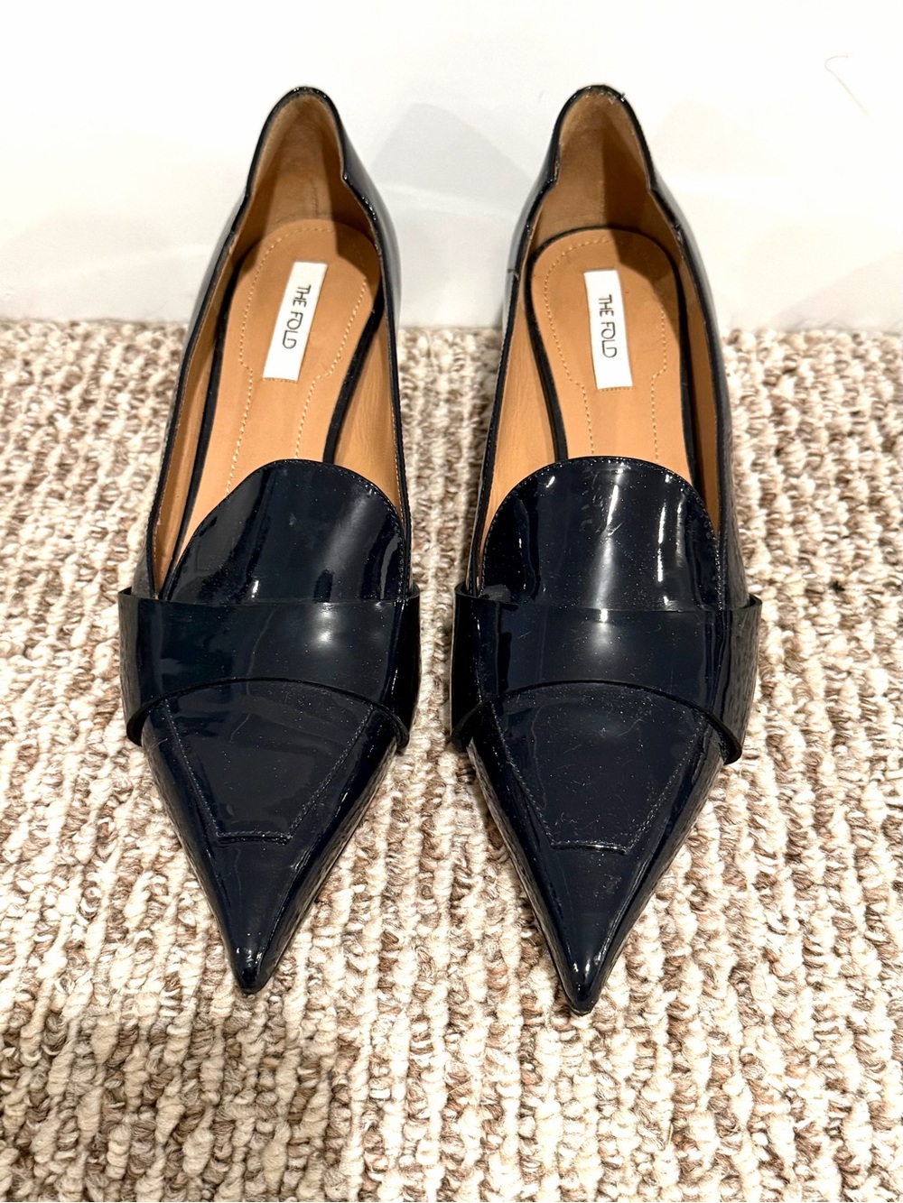 Navy Patent Pointed-Toe Loafers by the fold London